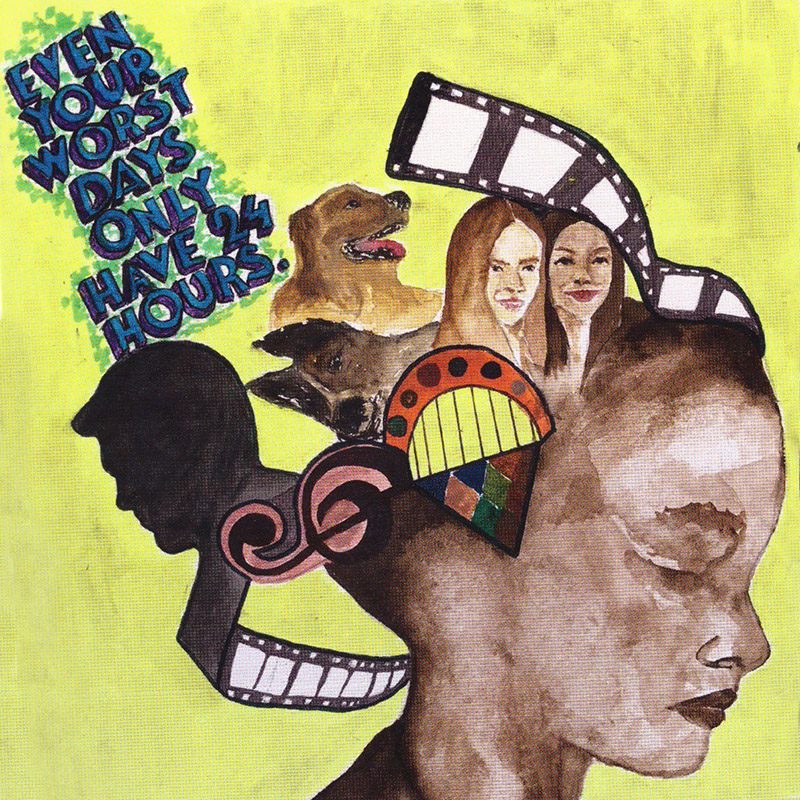 Ein Aquarellbild mit einem Kopf der kreative Dinge hervorbringt.